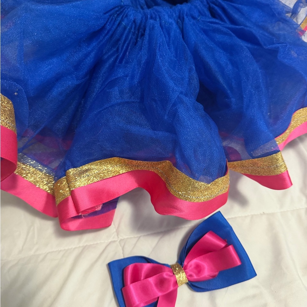 Blue Tulle Skirt with Pink & Gold Trim and Matching Bow